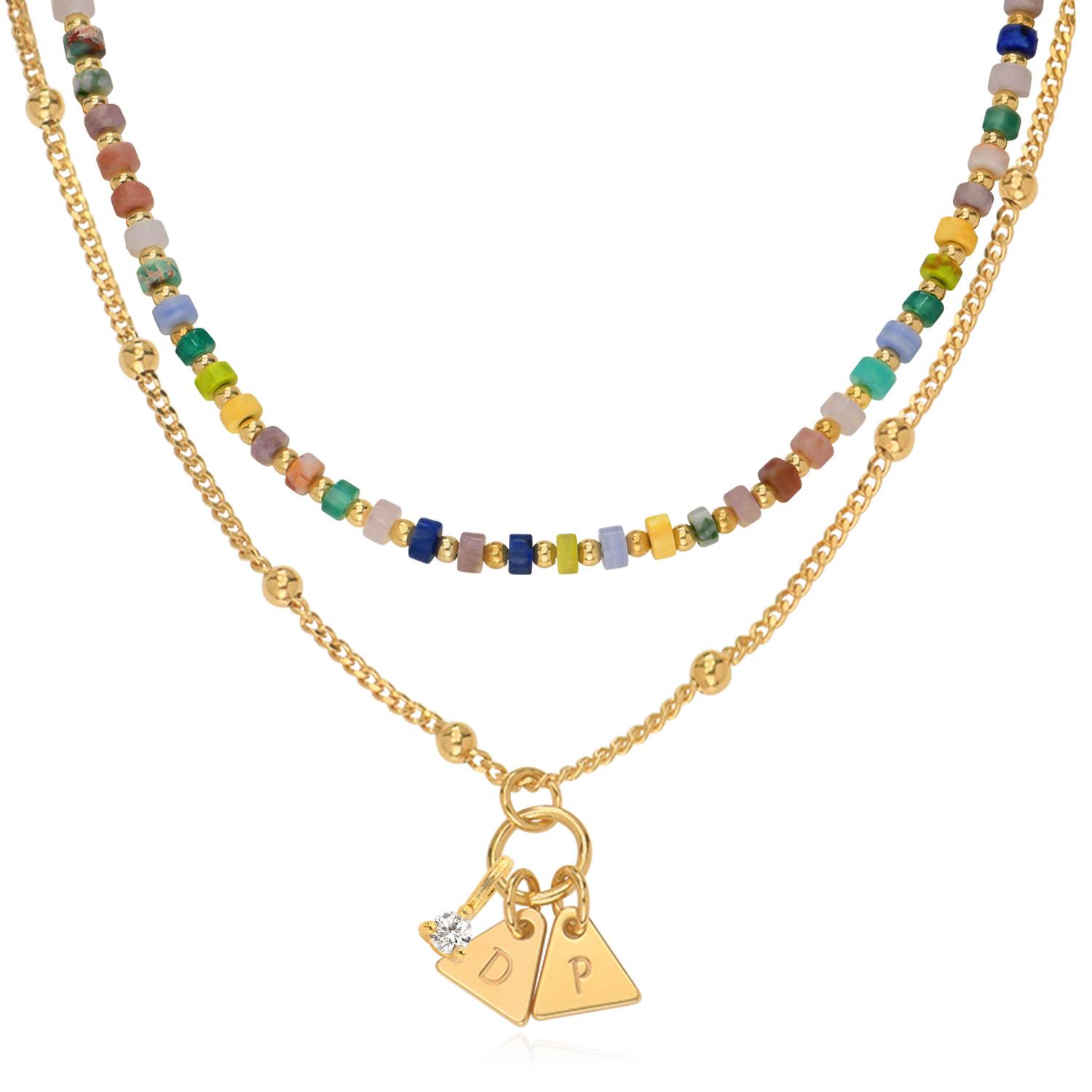 Tropical Layered Beads Necklace with Initials, Diamond in Gold Plating