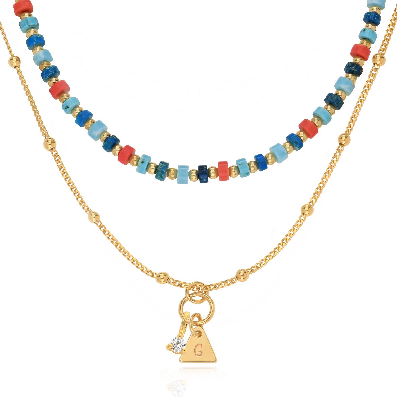 Tropical Layered Beads Necklace with Initials, Diamond in Gold Plating