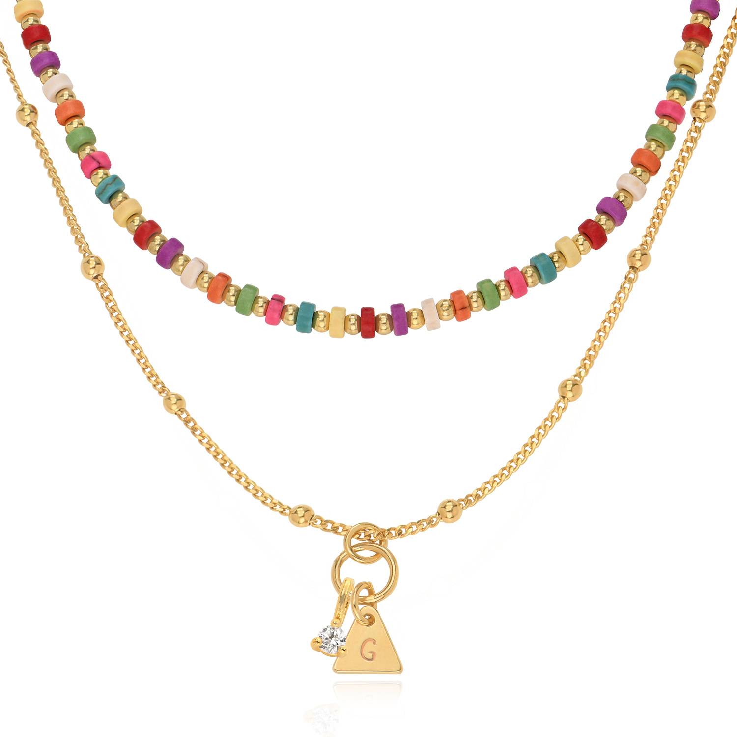 Tropical Layered Beads Necklace with Initials, Diamond in Gold Plating